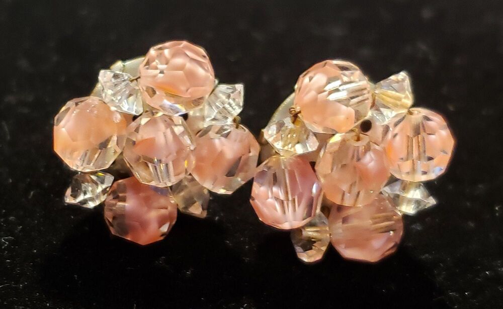Vintage Unsigned Clip On Earrings, Cluster of Pink and Clear Beads